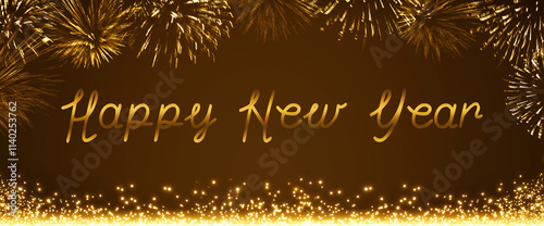 New Year fireworks and sparkling lights on golden background.