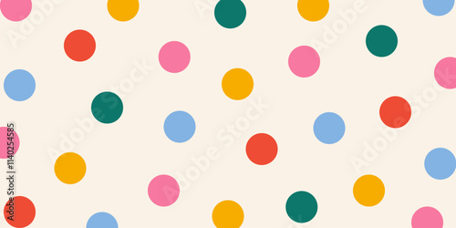 Fun multi colored polka dot pattern on beige background. Abstract hand drawn illustration in doodle style. Colorful confetti design