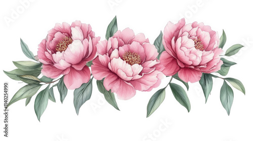 Watercolor Painting of Three Pink Peonies with Leaves, on transparent background , png