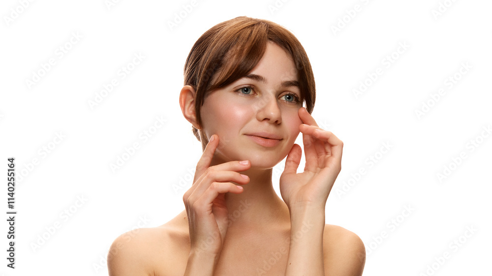 Portrait of beautiful young woman with flawless, healthy, spotless skin and natural blushing, posing against white studio background. Concept of natural beauty, skin care, cosmetics and cosmetology Portrait of beautiful young woman with flawless, healthy, spotless skin and natural blushing, posing against white studio background. Concept of natural beauty, skin care, cosmetics and cosmetology