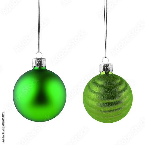 Two green christmas baubles hanging with transparent background