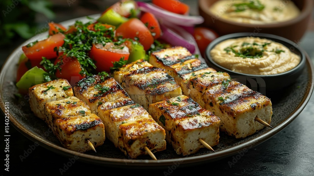 A vibrant plate featuring grilled skewers of tofu with fresh salad including cucumbers, tomatoes, onions, and hummus. A colorful presentation. A vibrant plate featuring grilled skewers of tofu with fresh salad including cucumbers, tomatoes, onions, and hummus. A colorful presentation.