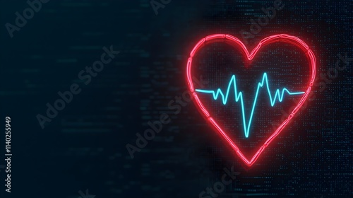 Neon heart with heartbeat line on digital background photo