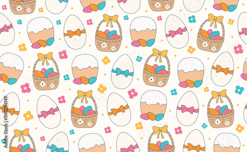 Modern Easter seamless pattern with egg, spring flowers, basket, bow. Happy Easter pattern in flat style for background, kids textiles, posters, banners, greeting cards. Vector illustration.