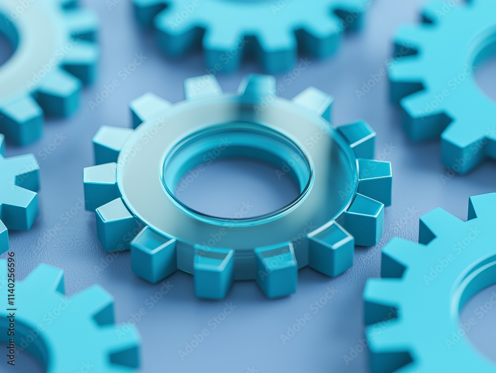 Blue metallic gears arranged on a surface, showcasing a mechanical theme. Blue metallic gears arranged on a surface, showcasing a mechanical theme.