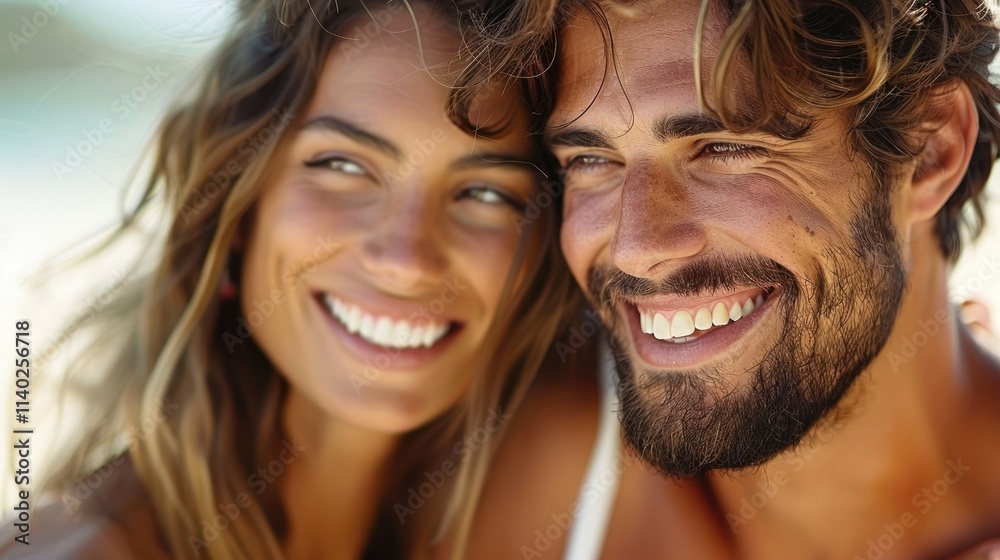 A joyful couple smiling together, enjoying a sunny day outdoors. A joyful couple smiling together, enjoying a sunny day outdoors.