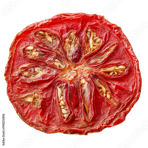 Dried tomato slice isolated on transparent background showing seeds and wrink...