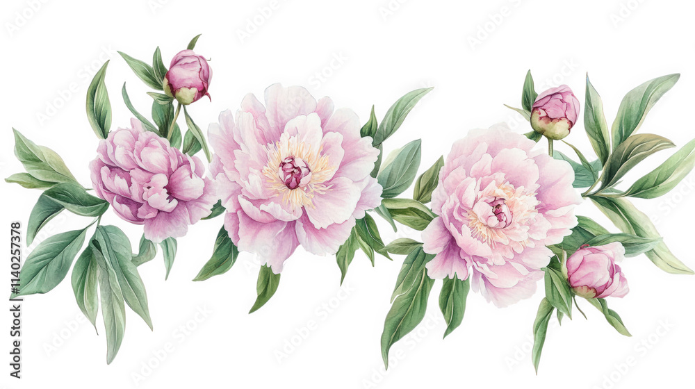Delicate Watercolor Peonies with Lush Green Foliage, on transparent background , png Delicate Watercolor Peonies with Lush Green Foliage, on transparent background , png