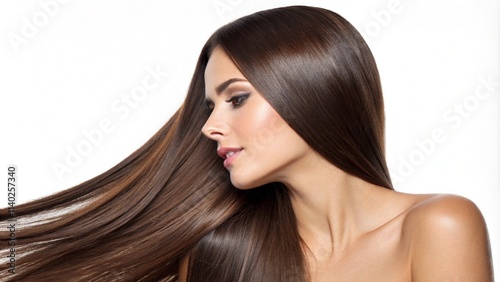 Profile of Woman with Beautiful Shiny Straight Keratin Brown Hair. AI generative. Isolated on White Background
