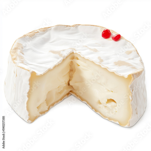 Creamy camembert cheese showing its exquisite texture on white background
