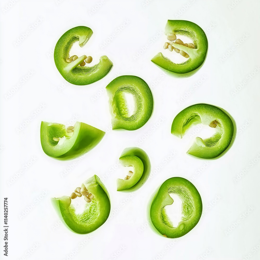 Sliced green chili peppers arranged on white background Sliced green chili peppers arranged on white background