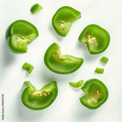 Sliced green bell peppers floating on white background