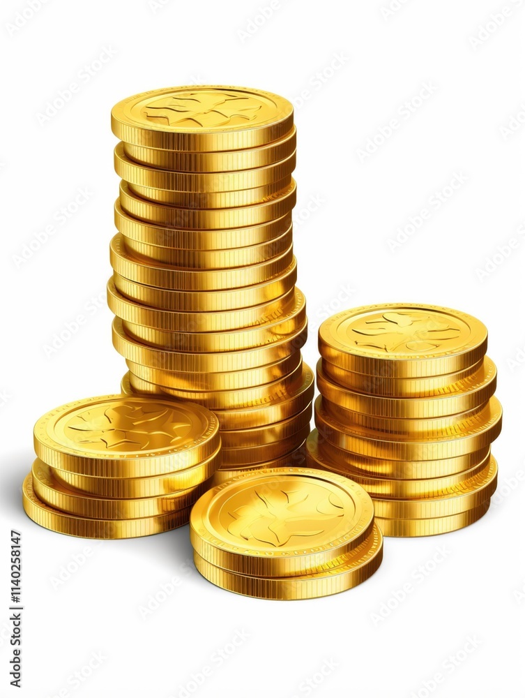 Golden Coins Stacked in Towering Piles, Symbolizing Prosperity and Financial Abundance isolated on white background Golden Coins Stacked in Towering Piles, Symbolizing Prosperity and Financial Abundance isolated on white background