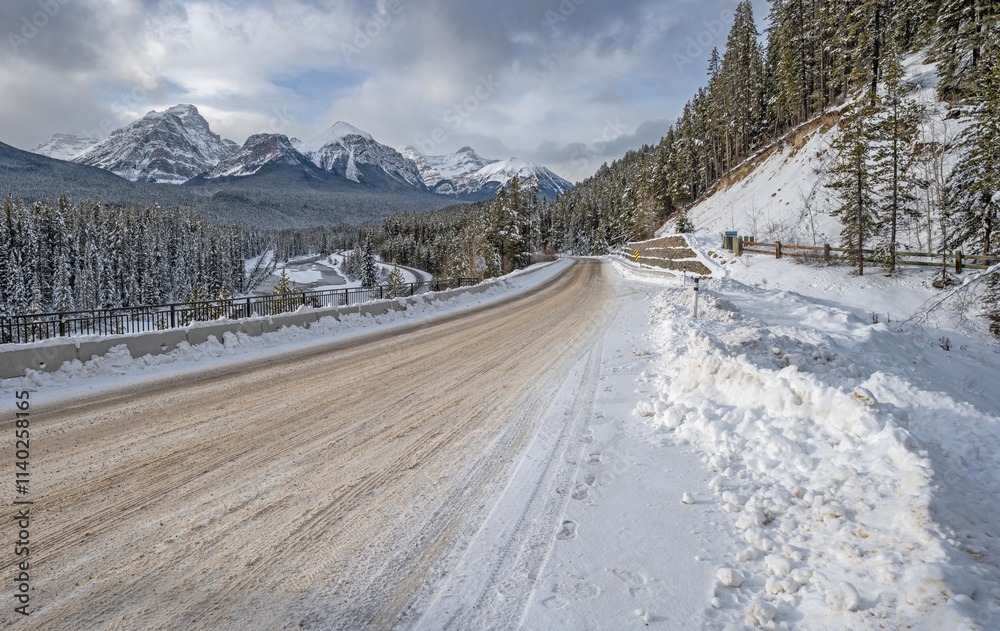 Road and train track in the Bow River Valley of Banff National Park, Alberta, Canada Road and train track in the Bow River Valley of Banff National Park, Alberta, Canada
