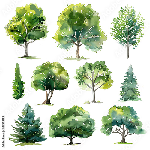 Set of watercolor green tree isolated on white background for landscape and architecture drawing, elements for environment and garden, botanical for section in spring. Watercolor trees collection