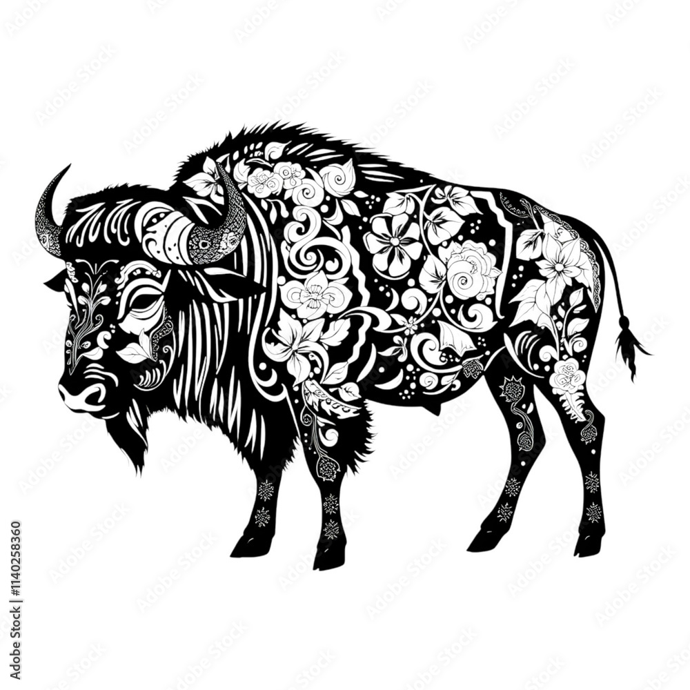 Fototapeta premium Ornate Bison: A detailed line art illustration of a bison, featuring intricate floral and geometric patterns, adding a touch of elegance and complexity to the animal's silhouette. 