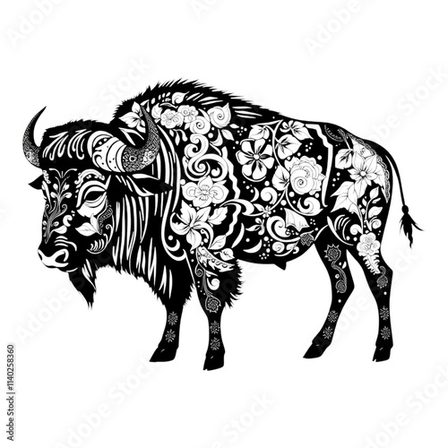 Wallpaper Mural Ornate Bison: A detailed line art illustration of a bison, featuring intricate floral and geometric patterns, adding a touch of elegance and complexity to the animal's silhouette.   Torontodigital.ca