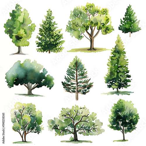 Set of watercolor green tree isolated on white background for landscape and architecture drawing, elements for environment and garden, botanical for section in spring. Watercolor trees collection