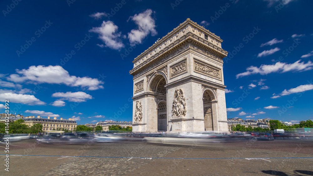 The Arc de Triomphe Triumphal Arch of the Star timelapse hyperlapse is famous monument in Paris The Arc de Triomphe Triumphal Arch of the Star timelapse hyperlapse is famous monument in Paris
