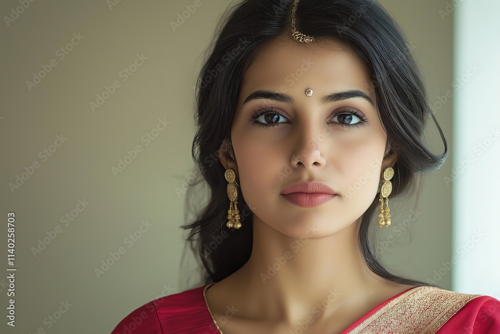 A minimalist portrait of a woman wearing a simple red saree, with a delicate gold bindi on her forehead. A minimalist portrait of a woman wearing a simple red saree, with a delicate gold bindi on her forehead.