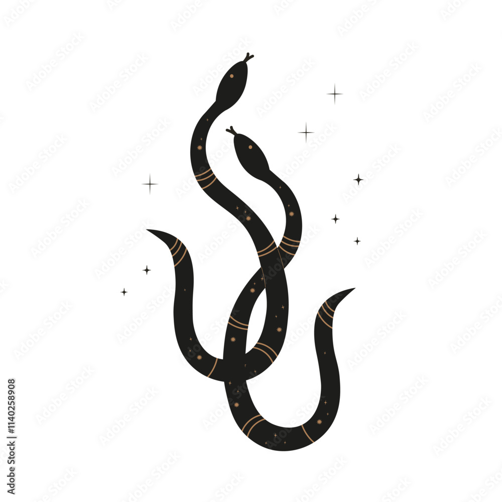 Vector boho illustration with snakes, stars, symbol of New Year. Hand drawn mystical reptiles on isolated background. Design elements for tattoo, card, print, paper, poster, logo, sign, flyer Vector boho illustration with snakes, stars, symbol of New Year. Hand drawn mystical reptiles on isolated background. Design elements for tattoo, card, print, paper, poster, logo, sign, flyer