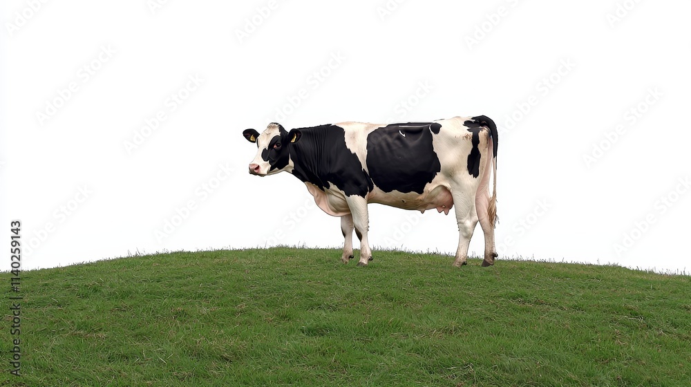 Black and White Cow Grazing on a Green Hilltop Black and White Cow Grazing on a Green Hilltop