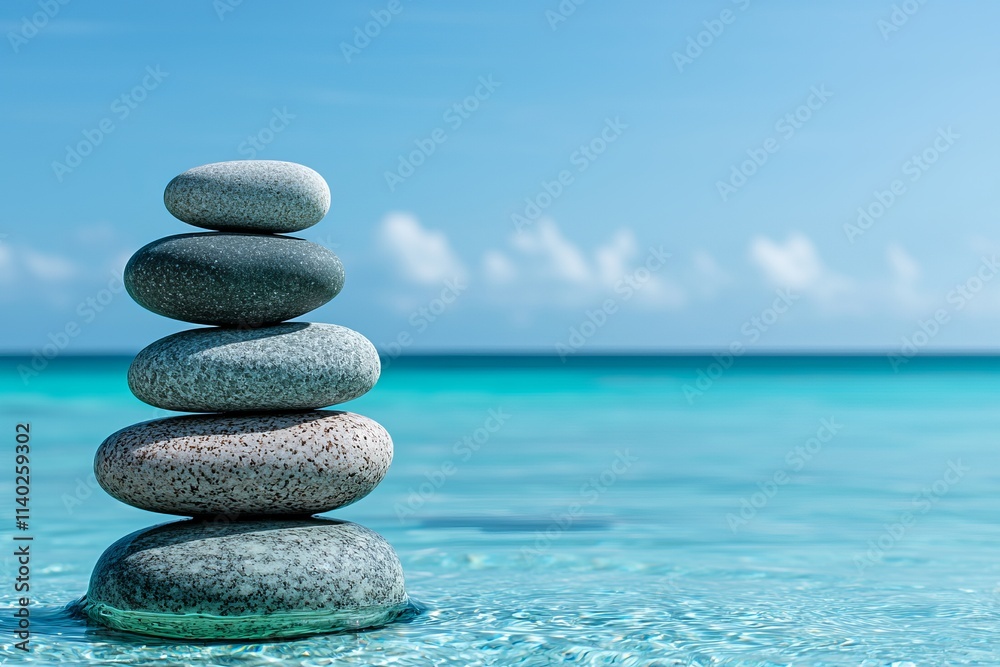 Stacked stones on calm water with a clear blue sky in the background. Stacked stones on calm water with a clear blue sky in the background.