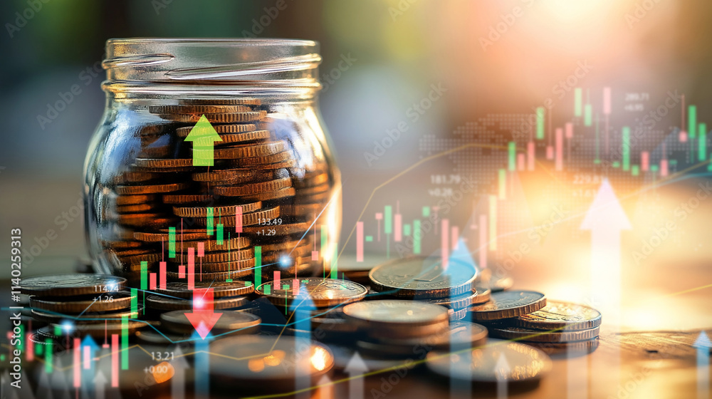 A jar full of coins with a graph of the stock market on the table. The coins are arranged in a way that they look like they are rising, which could symbolize the potential for financial gain A jar full of coins with a graph of the stock market on the table. The coins are arranged in a way that they look like they are rising, which could symbolize the potential for financial gain
