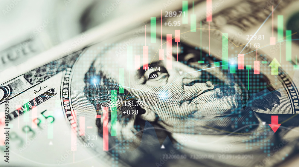 A close up of a dollar bill with a graph of stock market prices on top of it. The graph shows a downward trend, indicating a potential loss in the stock market A close up of a dollar bill with a graph of stock market prices on top of it. The graph shows a downward trend, indicating a potential loss in the stock market