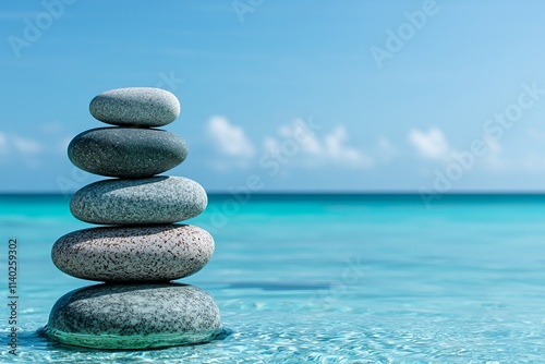 Stacked stones on calm water with a clear blue sky in the background.