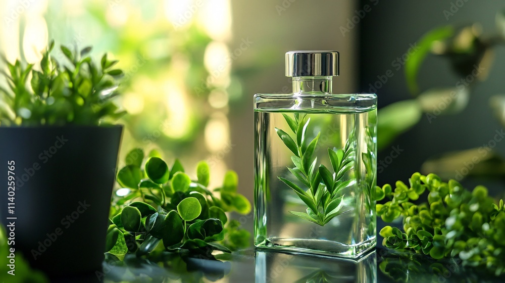 Perfume bottle displayed near green plants on a reflective surface Perfume bottle displayed near green plants on a reflective surface