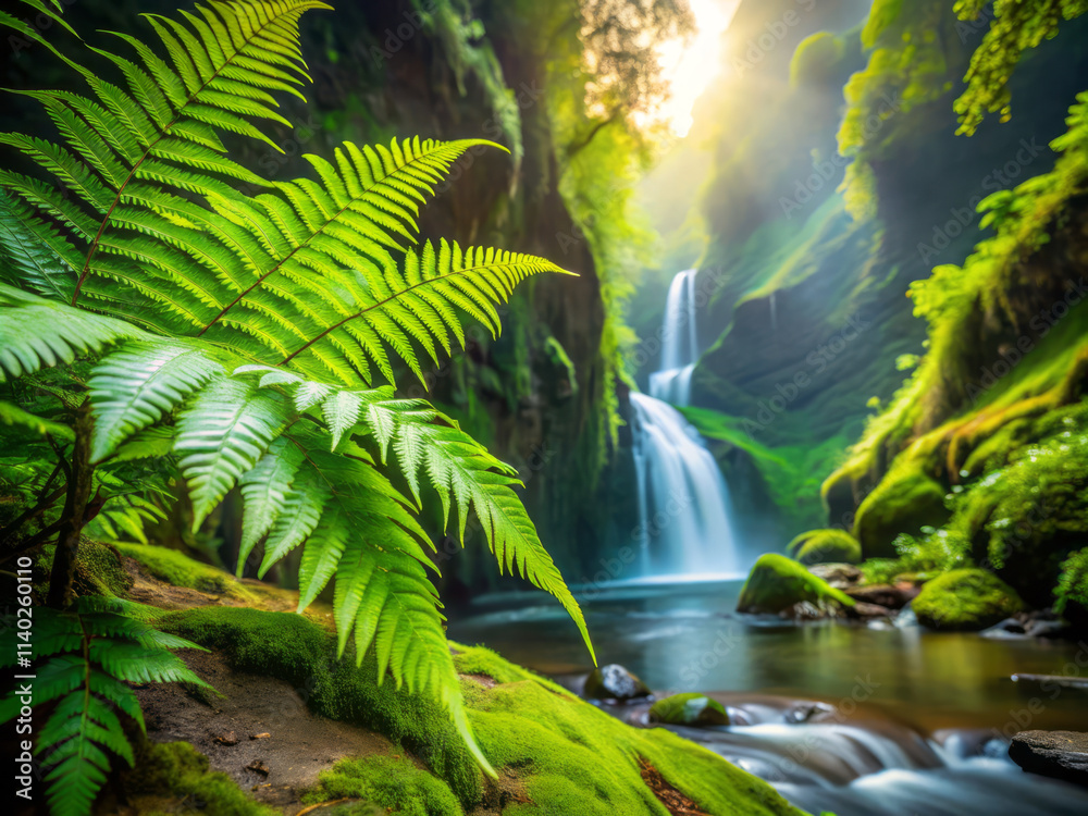 Fototapeta premium lush, verdant gorge features misty waterfall cascading down into serene pool, surrounded by vibrant ferns and mossy rocks, creating tranquil natural scene