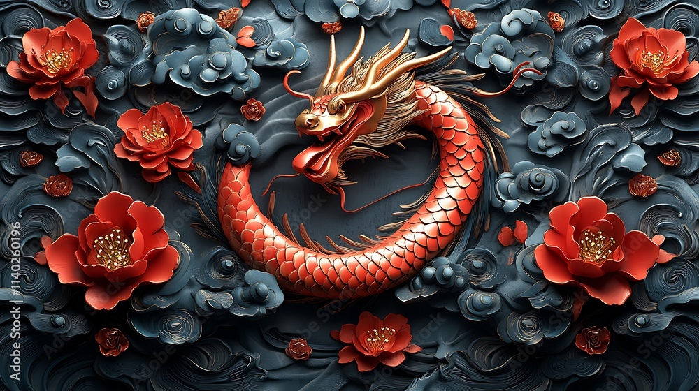 Fototapeta premium Majestic Red Dragon Surrounded by Vibrant Flowers.