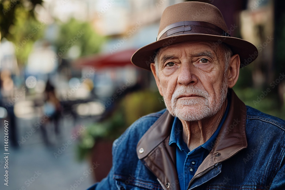 Portrait of senior man wearing hat standing in city street Portrait of senior man wearing hat standing in city street