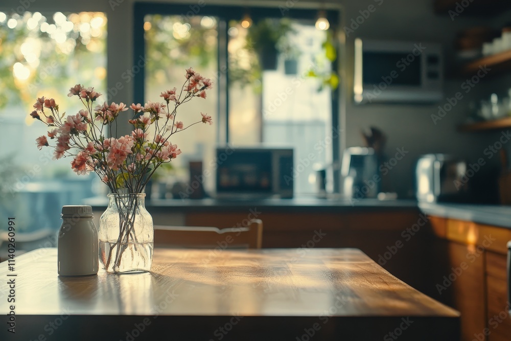 Sunlit kitchen table with flowers, salt shaker, and window view. Sunlit kitchen table with flowers, salt shaker, and window view.