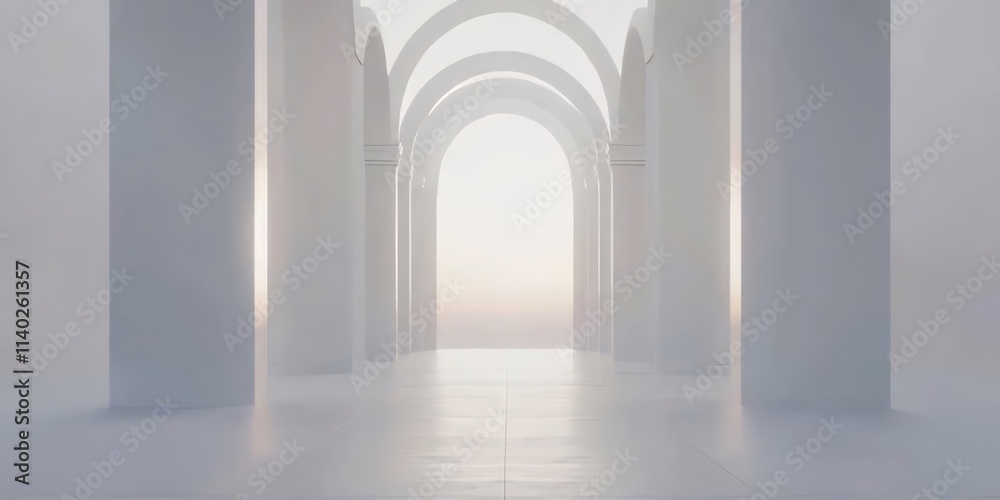 Serene white hallway with arches leading to light. Serene white hallway with arches leading to light.