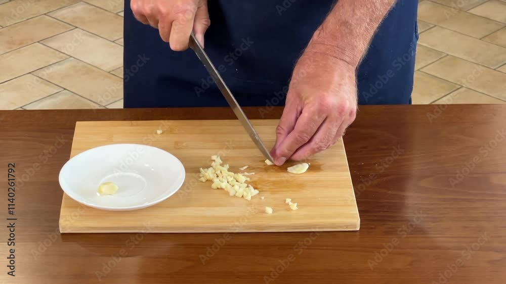 chef skillfully cutting garlic on a cutting board. garlic. chef skillfully cutting garlic on a cutting board. garlic.