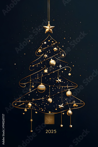 Elegant Gold and Black Christmas Tree Design with 2025 Date for Holiday Celebrations