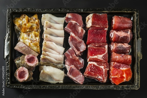 A platter of various uncooked meat cuts like pork belly liver and tripe against a dark backdrop ready for gourmet cooking photo