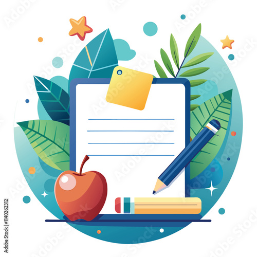 Simple vector graphics with school supplies, studying and teaching related with notebook, apple, pencils, floral elements on the background 