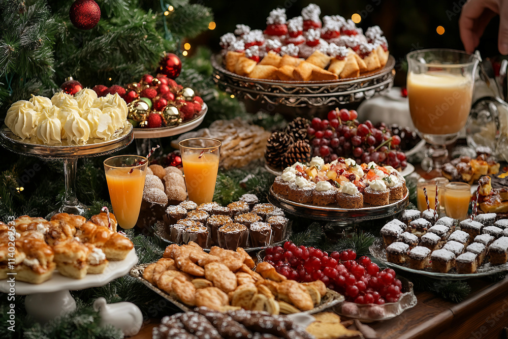 Generative AI Image of a Christmas and New Year Celebration Festive Table with Various Holiday Treats and Drinks Generative AI Image of a Christmas and New Year Celebration Festive Table with Various Holiday Treats and Drinks