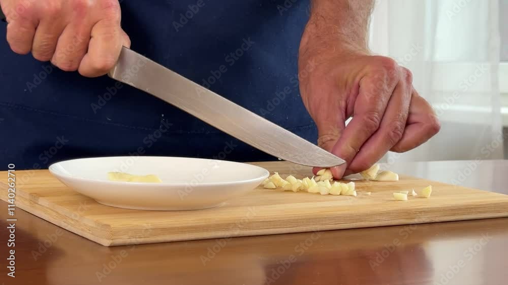 A person is preparing garlic by finely chopping it on a wooden cutting board in a bright kitchen. A person is preparing garlic by finely chopping it on a wooden cutting board in a bright kitchen.