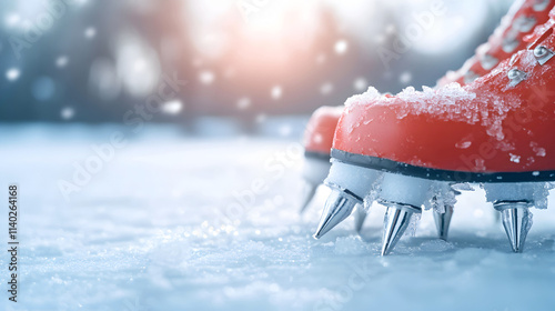 Red ice climbing shoes with metal spikes in frozen snow, emphasizing extreme cold weather activities and safety equipment visuals. Selective focus photo