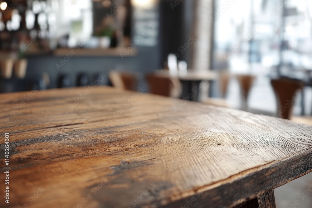 Rustic wooden table in a blurred cafe background. Rustic wooden table in a blurred cafe background.