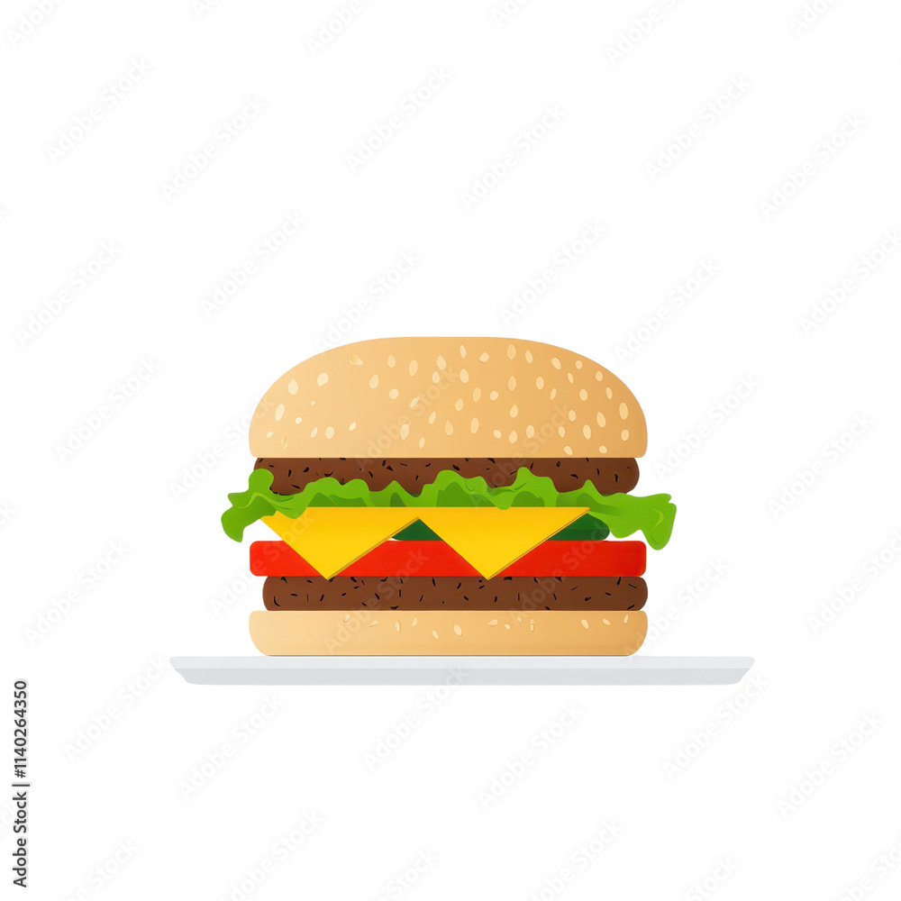 A colorful burger featuring layers of cheese, lettuce, tomato, and a juicy patty, served on a plate.