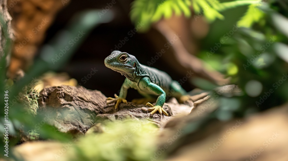 Striking green lizard perching on a branch in lush terrarium Striking green lizard perching on a branch in lush terrarium