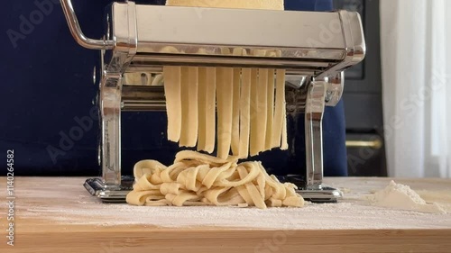 Crafting fresh pasta with a manual pasta maker in a kitchen setting. preparing pasta