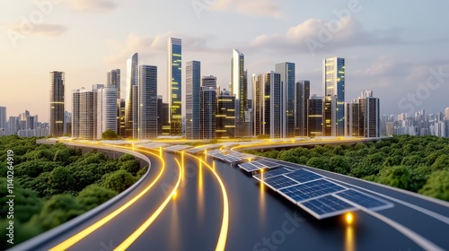Solar Panels Road to Smart City Green Energy Future