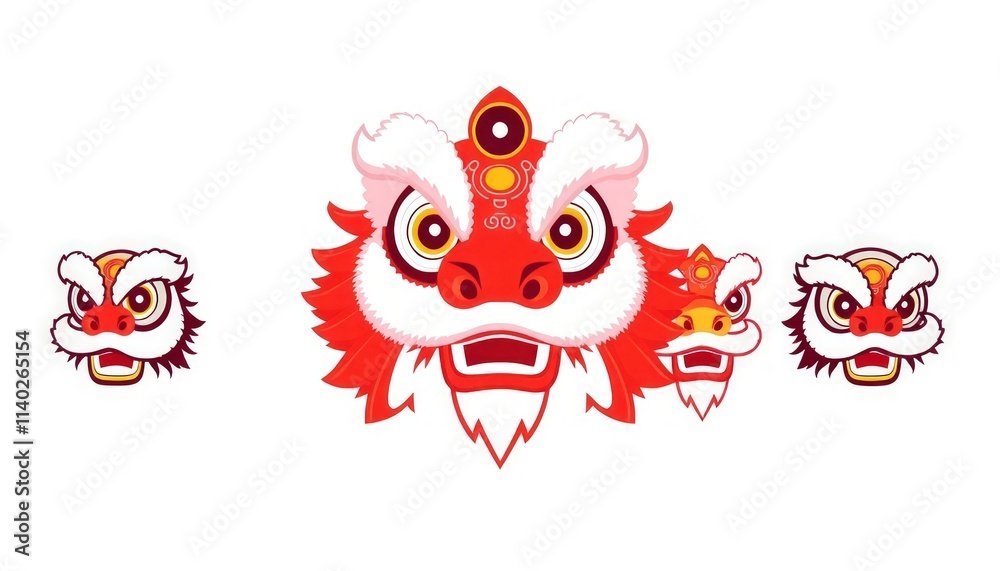 Fototapeta premium Lion Dance - Chinese Lion Dance Head Isolated - Lion Dance Head Icon - Barongsai Head Design - Icon Set - Set Of Lion Dance - Red Lion Dance