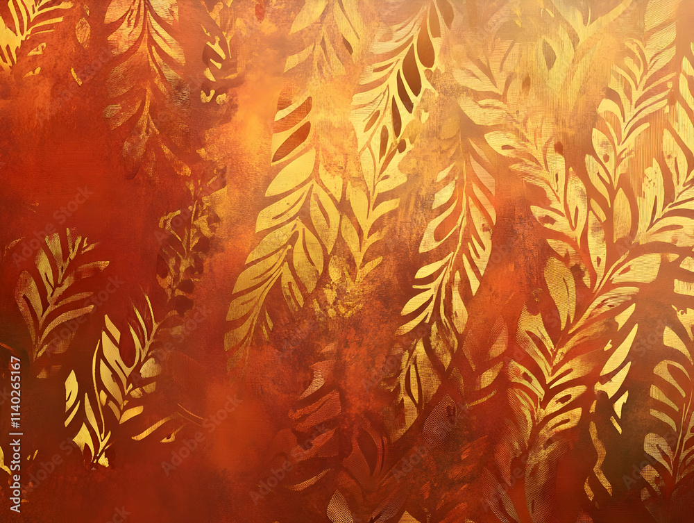 A vibrant abstract pattern featuring golden leaves on a warm red background. A vibrant abstract pattern featuring golden leaves on a warm red background.